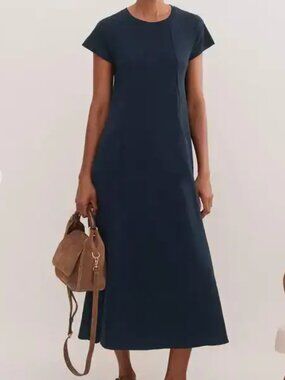 ME + EM Slub Jersey Midi Swing Dress Navy-Size 10